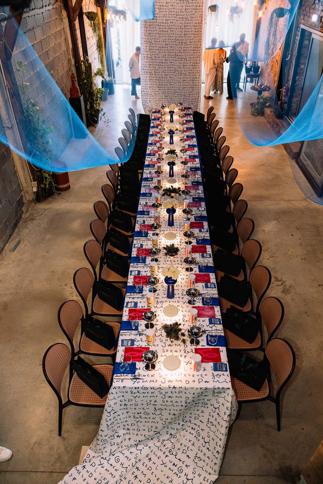 The long table from above, laid end to end.